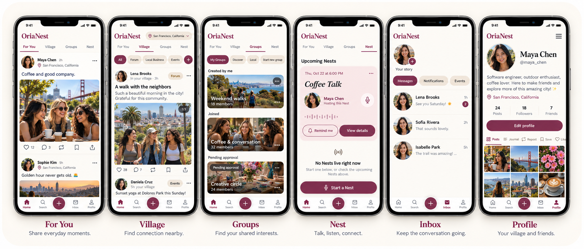 Illustrative OriaNest app mockups: For You, Village, Groups, Nest, Inbox, and Profile, with fictional members and sample photos
