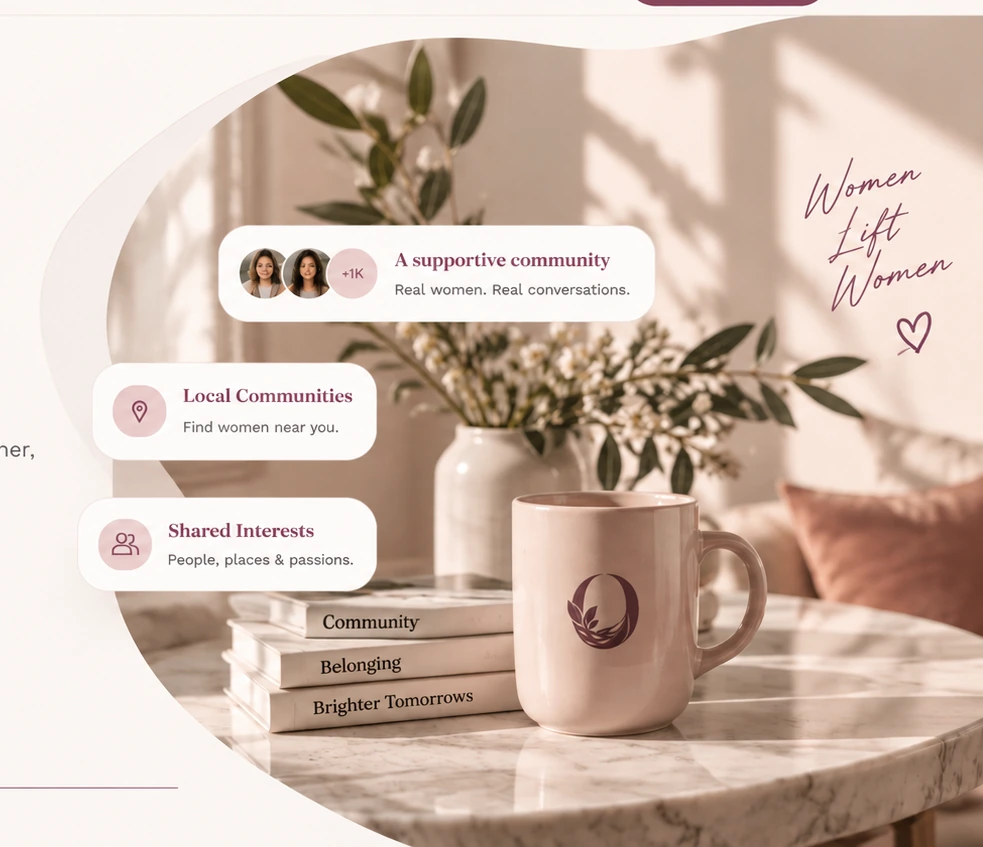 Warm OriaNest community scene with books, coffee, greenery, and local community cards